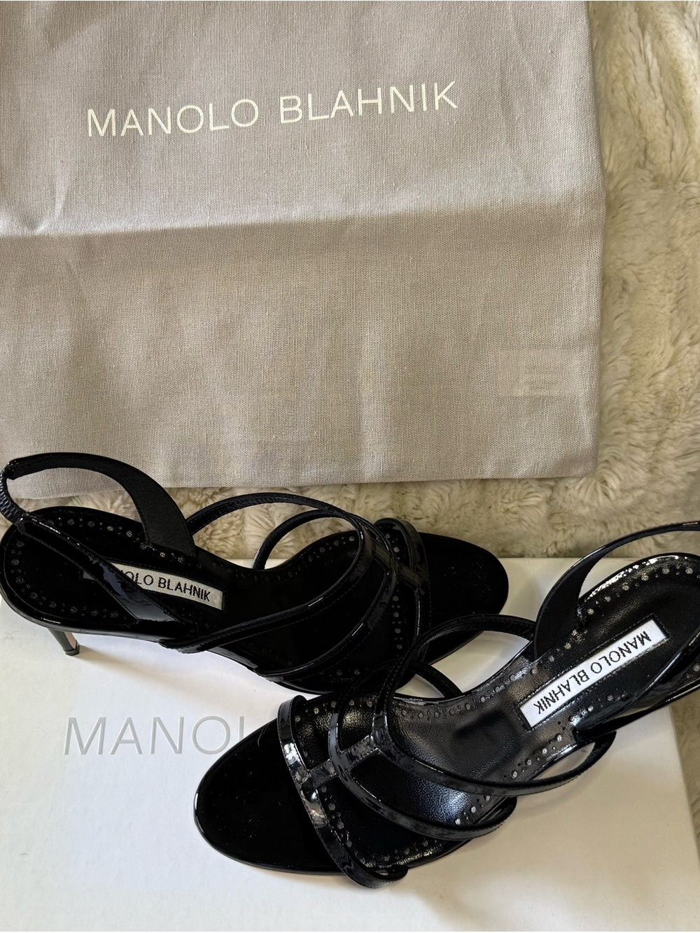 Manolo Blahnik Black Patent Strappy Kitten Heel Sandals
